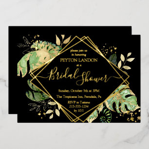 Invitación Con Relieve Metalizado Tropical Black & Gold Elegant Bridal Shower
