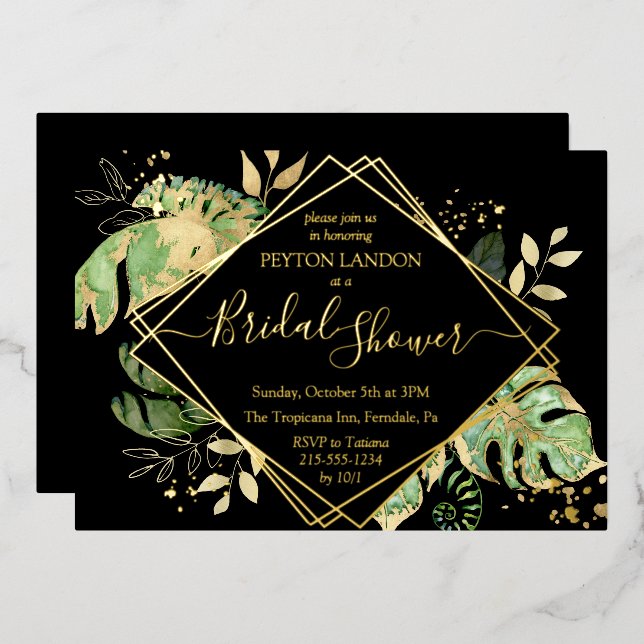 Invitación Con Relieve Metalizado Tropical Black & Gold Elegant Bridal Shower (Anverso/Reverso)