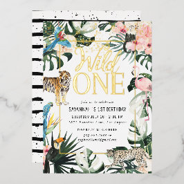 Invitación Con Relieve Metalizado Tropical Chic | Fiesta de Cumpleaños Gold Wild One