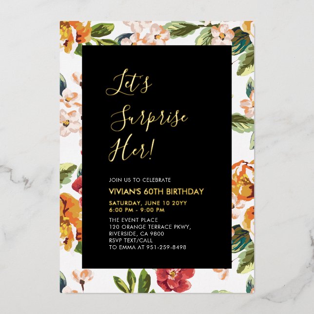 Invitación Con Relieve Metalizado Tropical Floral Surprise Fiesta de Cumpleaños 60 A (Anverso)