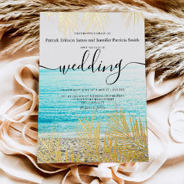 Invitación Con Relieve Metalizado Tropical gold palm tree elegant script wedding