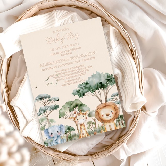 Invitación Con Relieve Metalizado Tropical Jungle Safari Animals Boy Baby Shower (Subido por el creador)