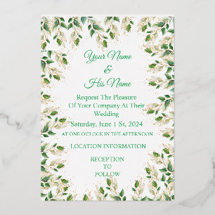 Invitación Con Relieve Metalizado Trueno de hojas verdes_Cove