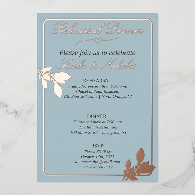 Invitación Con Relieve Metalizado Tulip Flowers Pastel Blue Rehearner Cena (Anverso)
