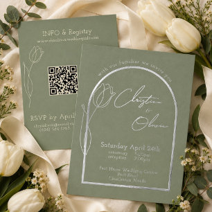 Invitación Con Relieve Metalizado Tulipán Romántico Sage Boda Minimalista Plata