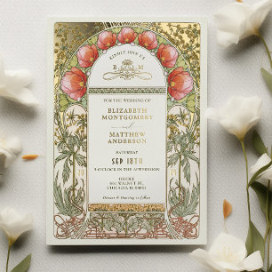 Invitación Con Relieve Metalizado Tulipanes Rojos Arte Nouveau Boda Vintage
