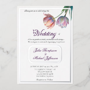 Invitación Con Relieve Metalizado Tulipano romántico y poético pastel acuarela
