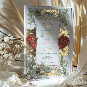 Invitación Con Relieve Metalizado Tulpis Rojo Vintage y Arte Nupcial Nuevo Oro