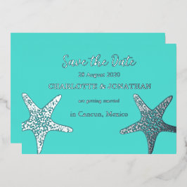 Invitación Con Relieve Metalizado Turqoise Modern Tropical Starfish Beach Wedding