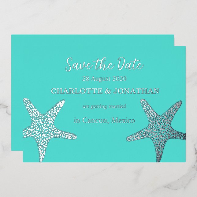Invitación Con Relieve Metalizado Turqoise Modern Tropical Starfish Beach Wedding (Anverso/Reverso)