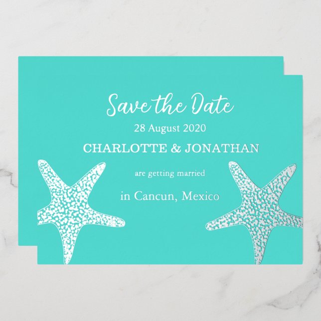 Invitación Con Relieve Metalizado Turquesa Estrella de Mar Tropical Moderna para Bod (Anverso/Reverso)