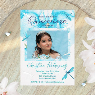 Invitación Con Relieve Metalizado Turquesa, Orquídea de Plata, Quinceañera Libélula
