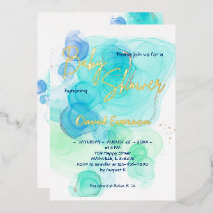 Invitación Con Relieve Metalizado Turquesa y acuarela azul suave - Oro real