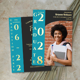 Invitación Con Relieve Metalizado Turquoise Charcoal Photo Modern Graduation Party