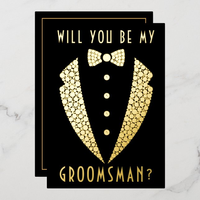 Invitación Con Relieve Metalizado Tuxedo será mi Groomsman Real Gold (Anverso/Reverso)