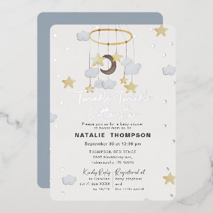 Invitación Con Relieve Metalizado Twinkle Little Star Boy Blue Baby Shower Plata