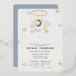 Invitación Con Relieve Metalizado Twinkle Little Star Boy Blue Baby Shower Silver