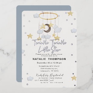 Invitación Con Relieve Metalizado Twinkle Little Star Boy Blue Baby Shower Silver