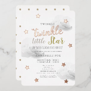 Invitación Con Relieve Metalizado Twinkle Little Star Gray Clouds Baby Shower