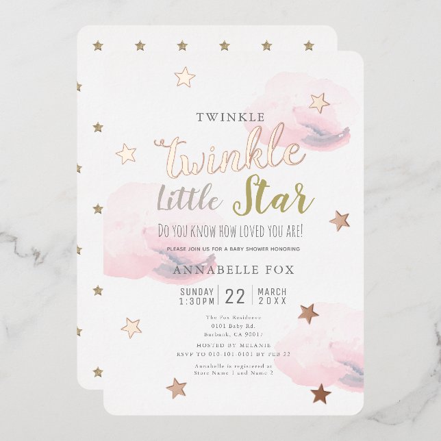 Invitación Con Relieve Metalizado Twinkle Little Star Pink Clouds Baby Shower (Anverso/Reverso)