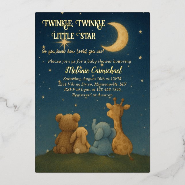 Invitación Con Relieve Metalizado Twinkle Twinkle Little Star Baby Shower (Anverso)