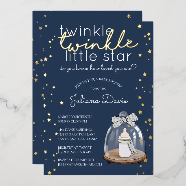 Invitación Con Relieve Metalizado Twinkle Twinkle Little Star Baby Shower (Anverso/Reverso)