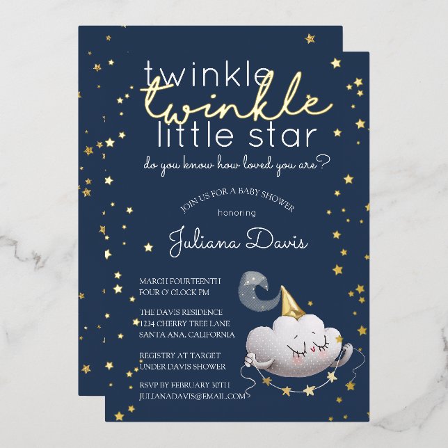 Invitación Con Relieve Metalizado Twinkle Twinkle Little Star Baby Shower (Anverso/Reverso)