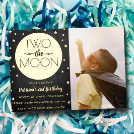 Invitación Con Relieve Metalizado Two The Moon 2º Birthday Photo Real