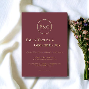 Invitación Con Relieve Metalizado Typografía Mínima de Borgoña Elegante Boda Oro