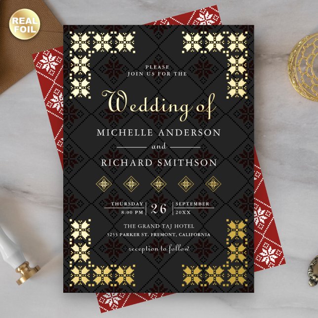 Invitación Con Relieve Metalizado Ukrainian Embroidery Wedding Black Gold (Subido por el creador)