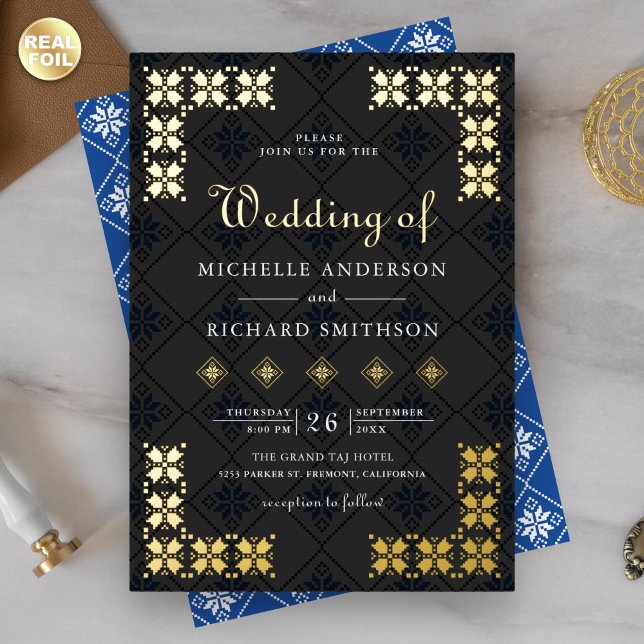 Invitación Con Relieve Metalizado Ukrainian Embroidery Wedding Blue Black Gold (Subido por el creador)