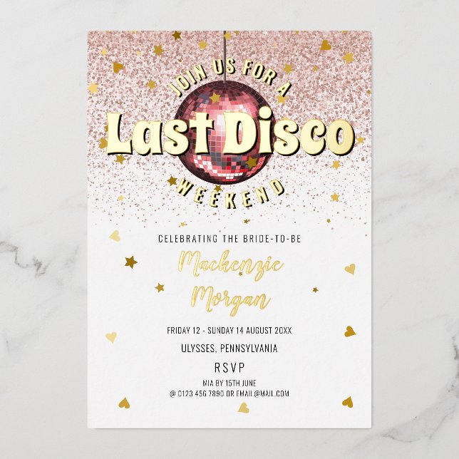 Invitación Con Relieve Metalizado Última disco de fin de semana de soltera (Anverso)