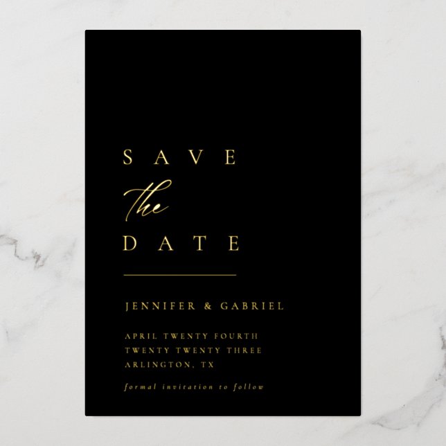 Invitación Con Relieve Metalizado Ultra-Minimal Gold Typography Save the Date | (Anverso)