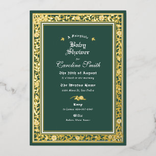Invitación Con Relieve Metalizado Un baby shower de cuento de hadas verde y dorado e