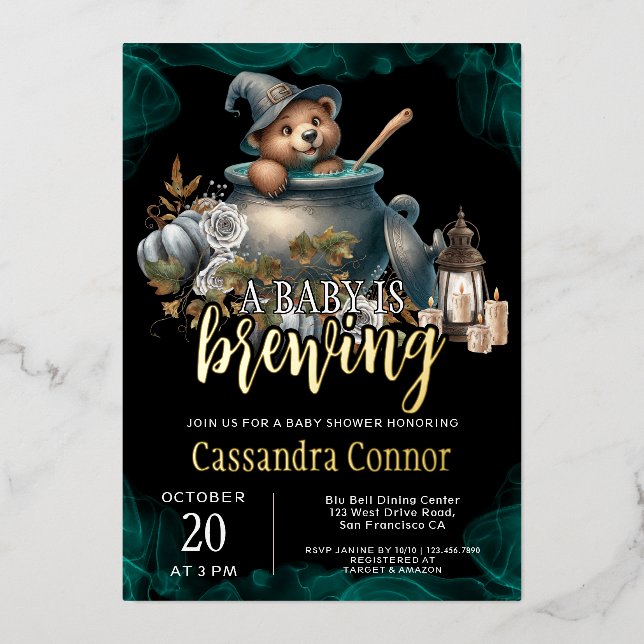 Invitación Con Relieve Metalizado Un bebé está preparando Baby Shower de Halloween (Anverso)