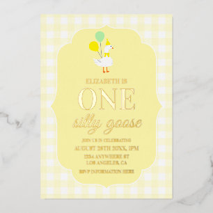 Invitación Con Relieve Metalizado Un ganso tonto Gingham cumpleaños 1