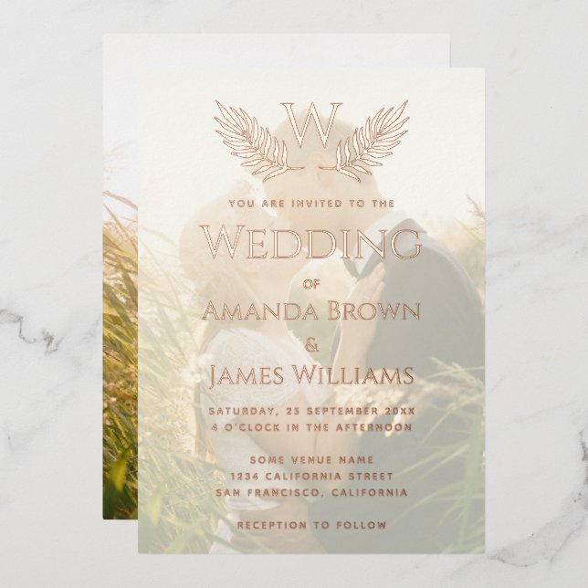 Invitación Con Relieve Metalizado Un monograma elegante de boda deja una foto transp (Anverso/Reverso)