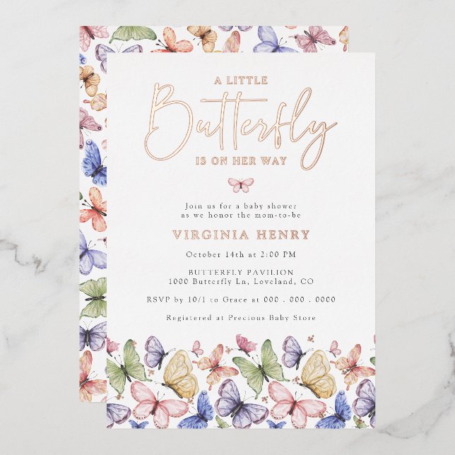 Invitación Con Relieve Metalizado Un pequeño Baby Shower mariposa (Anverso/Reverso)