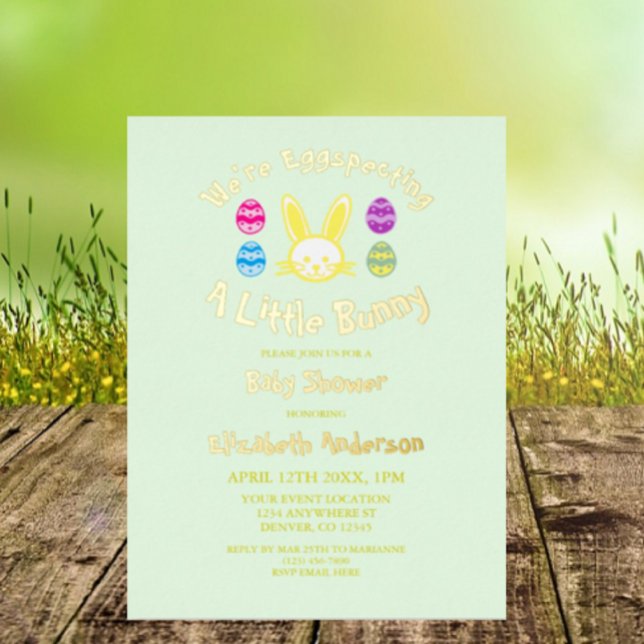 Invitación Con Relieve Metalizado Un Pequeño Conejito De Baby Shower De Pascua (Subido por el creador)