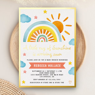 Invitación Con Relieve Metalizado Un pequeño rayo de sol Boho Baby Shower Arcoíris