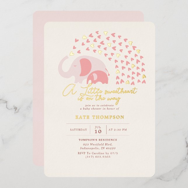 Invitación Con Relieve Metalizado Un poco querido Elefante Chica Baby Shower Gold (Anverso/Reverso)