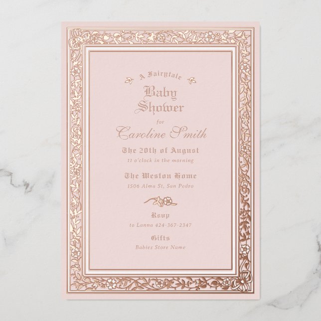 Invitación Con Relieve Metalizado Un Rosa de cuento de hadas Gold Baby Shower (Anverso)
