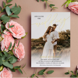 Invitación Con Relieve Metalizado Únete a nosotros Guión Dorado Foto Doble Cara Boda