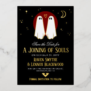 Invitación Con Relieve Metalizado Unión Roja de Almas Fantasmas Guardar la Fecha