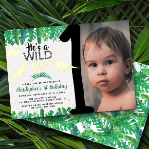 Invitación Con Relieve Metalizado Uno Salvaje Niños Dinosaurio Cumpleaños 1º Foto Re