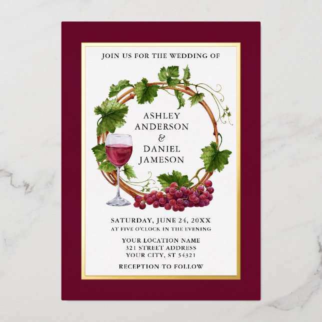 Invitación Con Relieve Metalizado Uvas acuarelas Wreath Boda Burgundy Gold (Anverso)