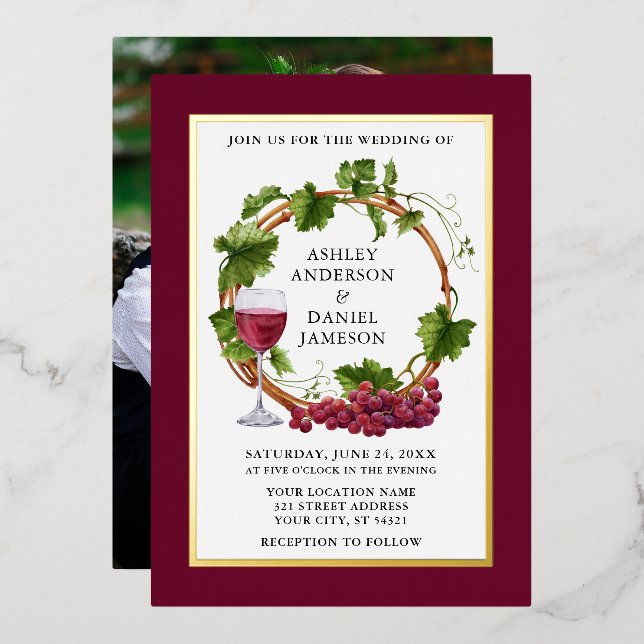 Invitación Con Relieve Metalizado Uvas acuarelas Wreath Photo Burgundy Gold (Anverso/Reverso)
