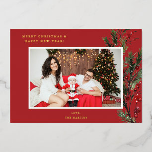 Invitación Con Relieve Metalizado Vacaciones fotográficas Holly Berry H o Navidades