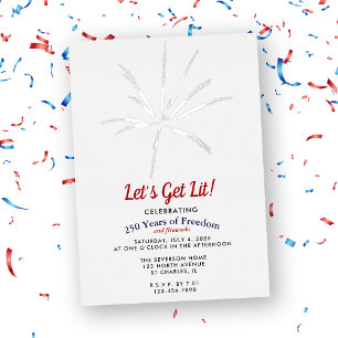 Invitación Con Relieve Metalizado Vamos a Encender Fuegos Artificiales de Plata 250