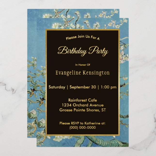 Invitación Con Relieve Metalizado Van Gogh Almond Blossom Pintura Cumpleaños (Anverso/Reverso)